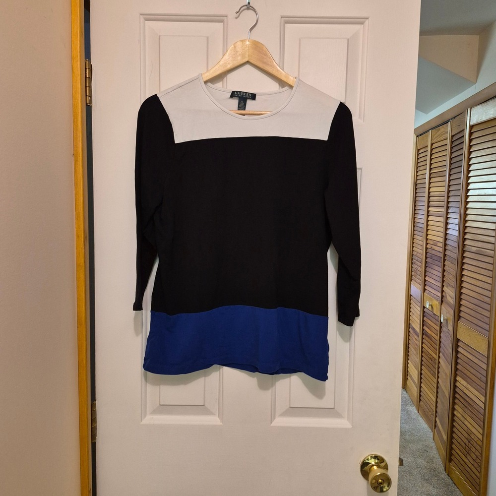 Lauren Ralph Lauren Womensā XL Colorblock 3/4 Sleeve Knit Top Black White Blue